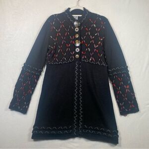 Z Women's Longline Cardigan Sweater Black W/Embroidery & Statement Buttons